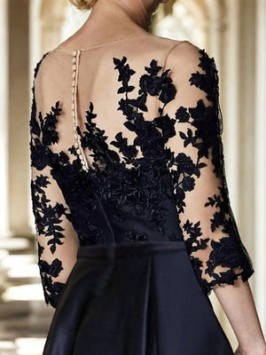 A-Line Bateau 3/4 Sleeves Applique Asymmetrical Satin Mother of the Bride Dress
