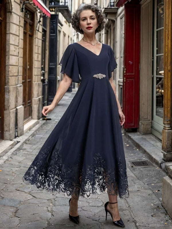A-Line V-neck Short Sleeves Applique Ankle-Length Chiffon Mother of the Bride Dress