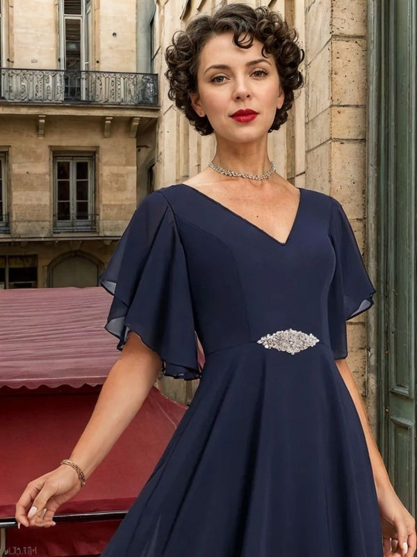 A-Line V-neck Short Sleeves Applique Ankle-Length Chiffon Mother of the Bride Dress