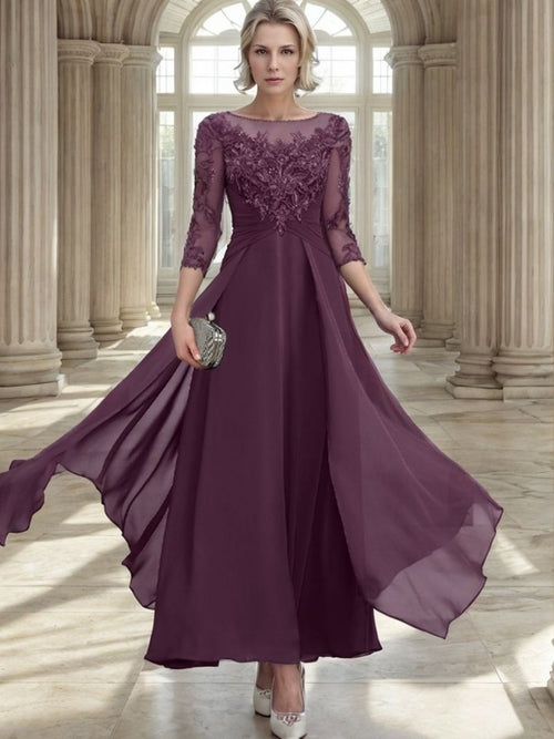 A-Line Bateau 3/4 Sleeves Applique Ankle-Length Chiffon Mother of the Bride Dress