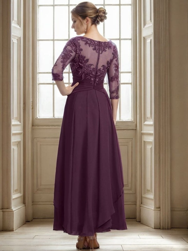 A-Line Bateau 3/4 Sleeves Applique Ankle-Length Chiffon Mother of the Bride Dress