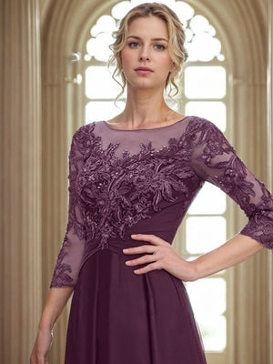 A-Line Bateau 3/4 Sleeves Applique Ankle-Length Chiffon Mother of the Bride Dress