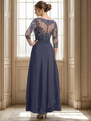 A-Line Bateau 3/4 Sleeves Applique Ankle-Length Chiffon Mother of the Bride Dress