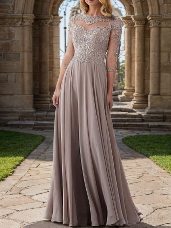 A-Line Bateau 3/4 Sleeves Applique Floor-Length Chiffon Mother of the Bride Dress