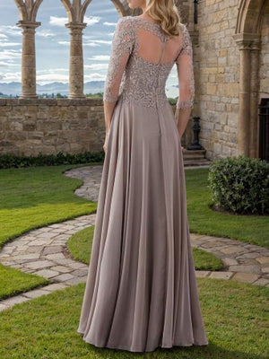 A-Line Bateau 3/4 Sleeves Applique Floor-Length Chiffon Mother of the Bride Dress