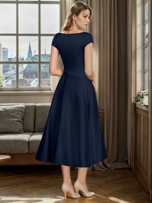 A-Line V-neck Short Sleeves Pleated Tea-Length Satin Mother of the Bride Dress