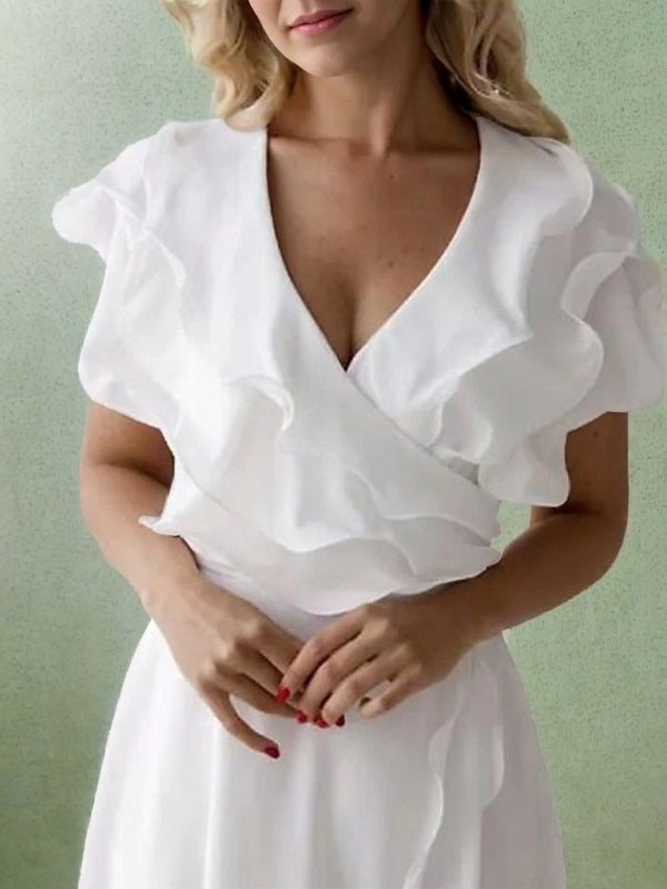 A-line V-neck Ruffles Asymmetrical Chiffon Mother of the Bride Dress