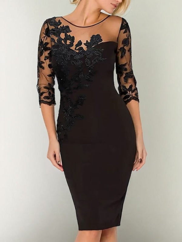 Sheath Scoop 3/4 Sleeves Appliques Lace Knee-Length Stretch Crepe Mother of the Bride Dress