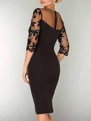 Sheath Scoop 3/4 Sleeves Appliques Lace Knee-Length Stretch Crepe Mother of the Bride Dress