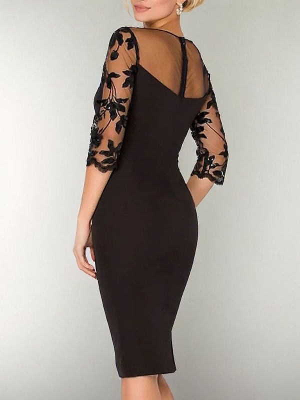 Sheath Scoop 3/4 Sleeves Appliques Lace Knee-Length Stretch Crepe Mother of the Bride Dress