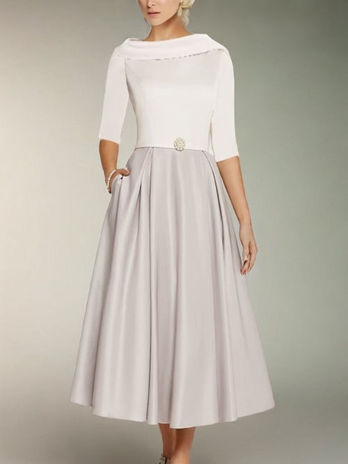 A-Line Scoop 1/2 Sleeves Tea-Length Satin Mother of the Bride Dress