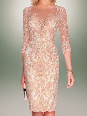 Sheath Scoop 3/4 Sleeves Appliques Lace Knee-Length Chiffon Mother of the Bride Dress