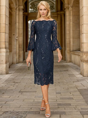 Sheath Bateau 3/4 Sleeves Bow Tea-Length Lace Mother of the Bride Dress