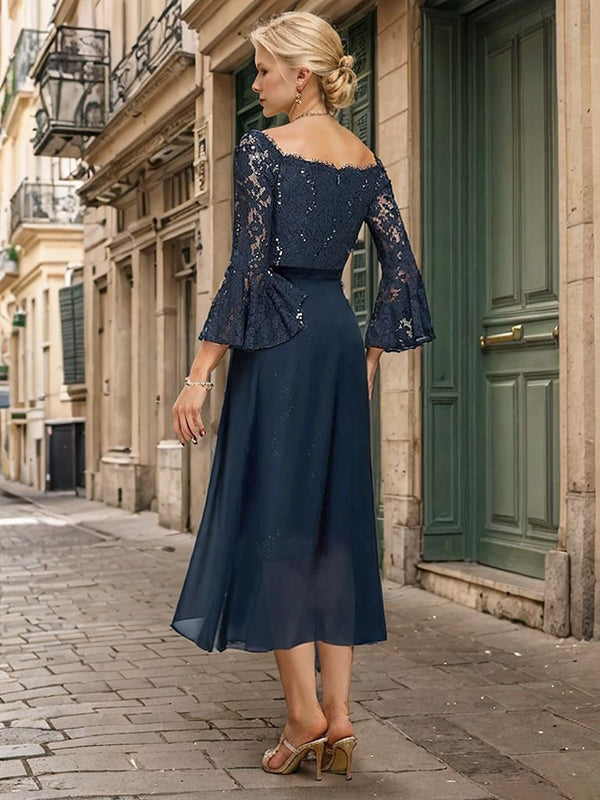 Sheath Bateau 3/4 Sleeves Bow Tea-Length Lace Mother of the Bride Dress