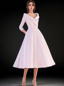 A-line V-neck 3/4 Sleeves Ruffles Tea-Length Satin Mother of the Bride Dress