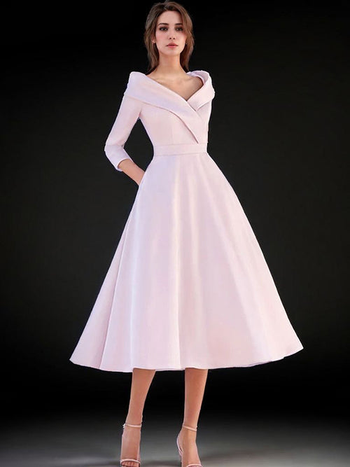 A-line V-neck 3/4 Sleeves Ruffles Tea-Length Satin Mother of the Bride Dress