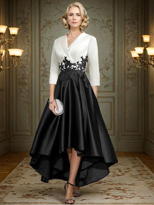 A-line V-neck 3/4 Sleeves Appliques Lace Asymmetrical Satin Mother of the Bride Dress