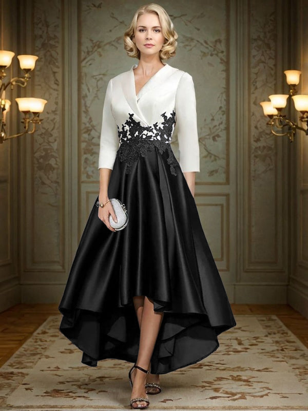 A-line V-neck 3/4 Sleeves Appliques Lace Asymmetrical Satin Mother of the Bride Dress