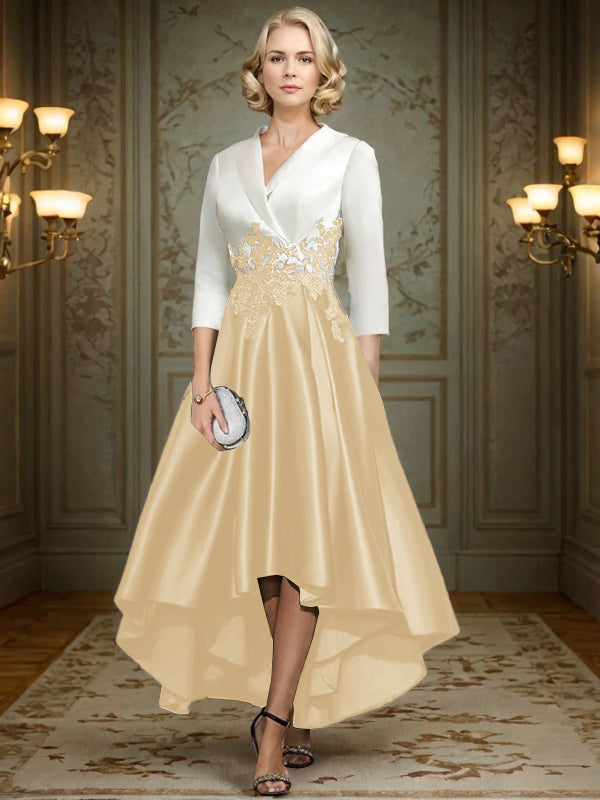 A-line V-neck 3/4 Sleeves Appliques Lace Asymmetrical Satin Mother of the Bride Dress