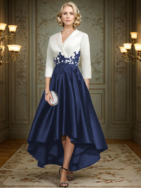 A-line V-neck 3/4 Sleeves Appliques Lace Asymmetrical Satin Mother of the Bride Dress