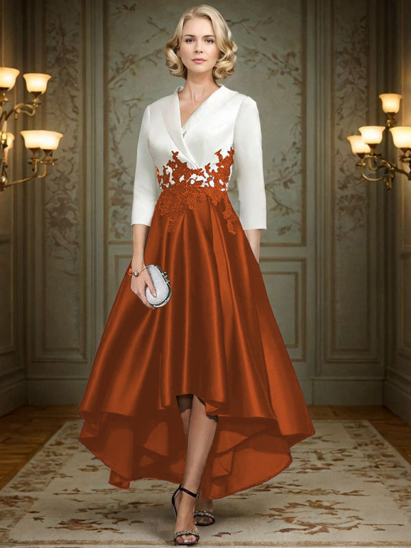 A-line V-neck 3/4 Sleeves Appliques Lace Asymmetrical Satin Mother of the Bride Dress