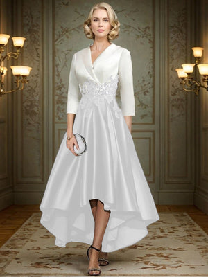 A-line V-neck 3/4 Sleeves Appliques Lace Asymmetrical Satin Mother of the Bride Dress