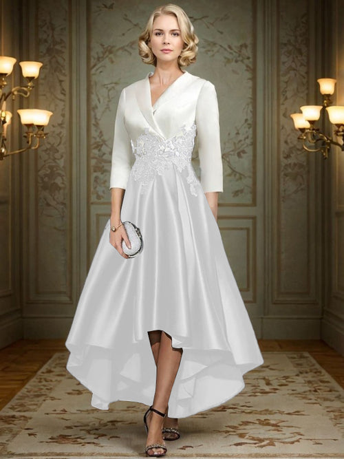 A-line V-neck 3/4 Sleeves Appliques Lace Asymmetrical Satin Mother of the Bride Dress