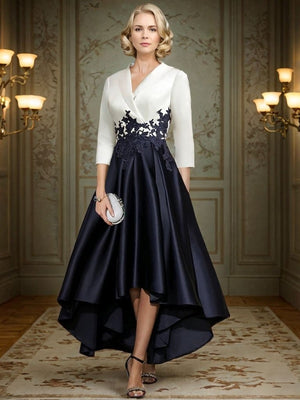 A-line V-neck 3/4 Sleeves Appliques Lace Asymmetrical Satin Mother of the Bride Dress