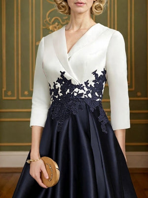 A-line V-neck 3/4 Sleeves Appliques Lace Asymmetrical Satin Mother of the Bride Dress