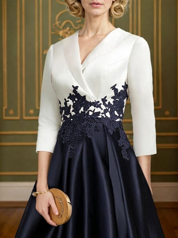 A-line V-neck 3/4 Sleeves Appliques Lace Asymmetrical Satin Mother of the Bride Dress