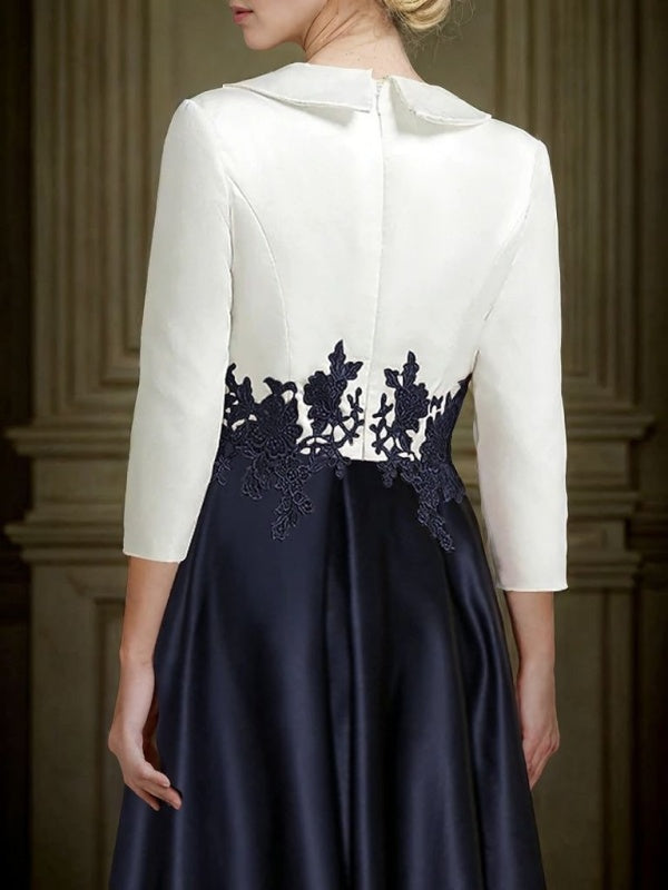A-line V-neck 3/4 Sleeves Appliques Lace Asymmetrical Satin Mother of the Bride Dress