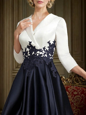 A-line V-neck 3/4 Sleeves Appliques Lace Asymmetrical Satin Mother of the Bride Dress
