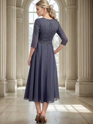 A-line V-neck 3/4 Sleeves Appliques Lace Tea-Length Chiffon Mother of the Bride Dress