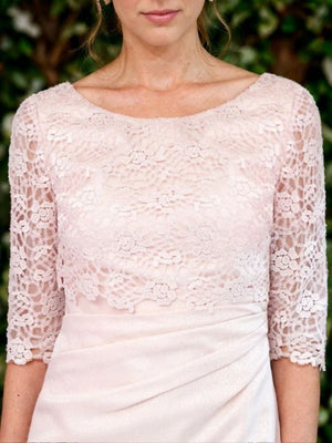 Sheath Scoop 3/4 Sleeves Appliques Lace Knee-Length Satin Mother of the Bride Dress