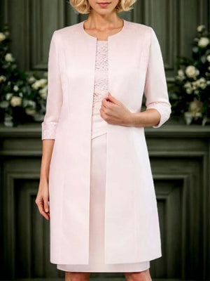 Sheath Scoop 3/4 Sleeves Appliques Lace Knee-Length Satin Mother of the Bride Dress
