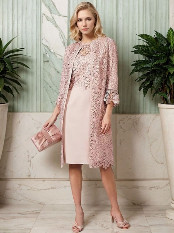 Sheath Scoop Appliques Lace Knee-Length Satin Mother of the Bride Dress
