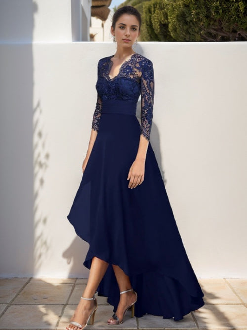 A-line V-neck 3/4 Sleeves Appliques Lace Asymmetrical Chiffon Mother of the Bride Dress