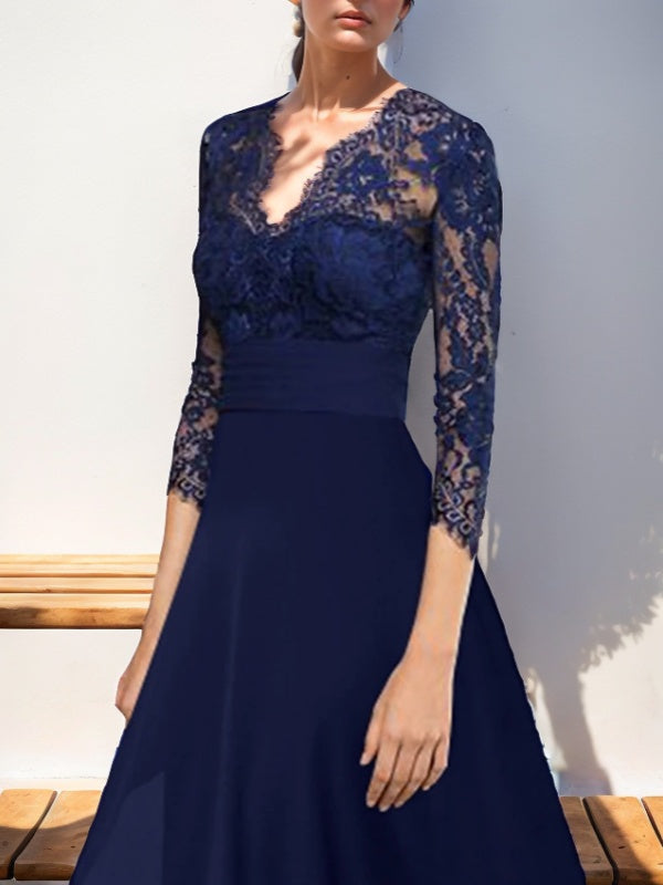 A-line V-neck 3/4 Sleeves Appliques Lace Asymmetrical Chiffon Mother of the Bride Dress