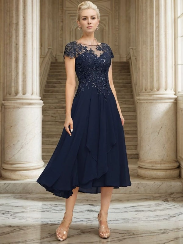 A-line Scoop Short Sleeves Appliques Lace Asymmetrical Chiffon Mother of the Bride Dress