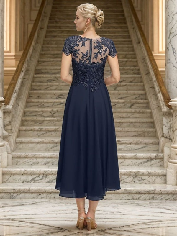 A-line Scoop Short Sleeves Appliques Lace Asymmetrical Chiffon Mother of the Bride Dress