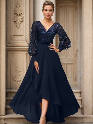 A-line V-neck Long Sleeves Ruffles Asymmetrical Chiffon Mother of the Bride Dress