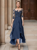 A-line Bateau 1/2 Sleeves Appliques Lace Asymmetrical Chiffon Mother of the Bride Dress