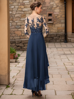 A-line Bateau 1/2 Sleeves Appliques Lace Asymmetrical Chiffon Mother of the Bride Dress