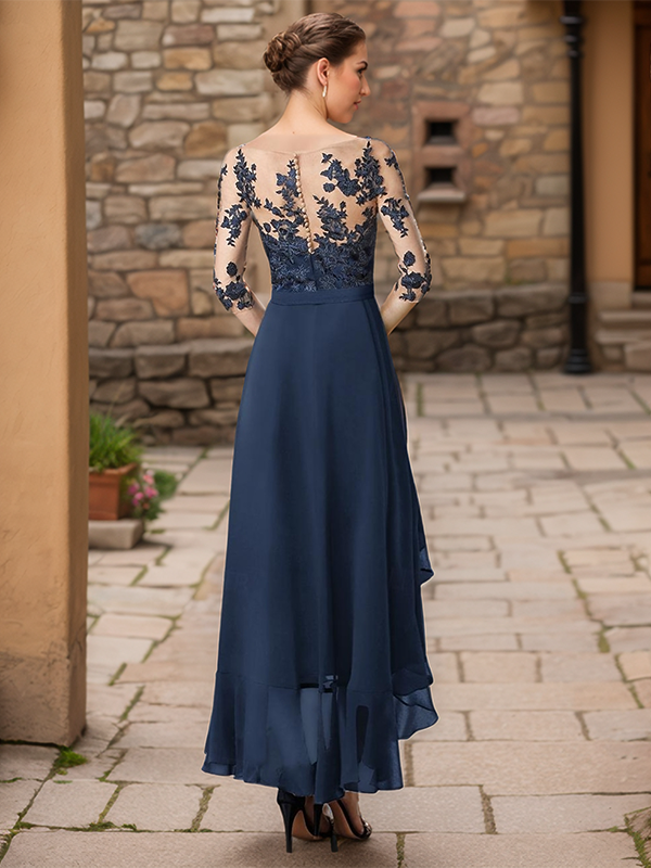 A-line Bateau 1/2 Sleeves Appliques Lace Asymmetrical Chiffon Mother of the Bride Dress
