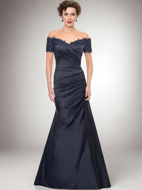 Sheath Off-the-Shoulder Short Sleeves Pleated Floor-Length Satin Mother of the Bride Dress