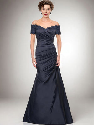 Sheath Off-the-Shoulder Short Sleeves Pleated Floor-Length Satin Mother of the Bride Dress