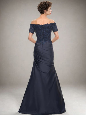 Sheath Off-the-Shoulder Short Sleeves Pleated Floor-Length Satin Mother of the Bride Dress