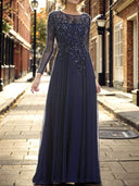 A-line Bateau Long Sleeves Appliques Lace Floor-Length Tulle Mother of the Bride Dress