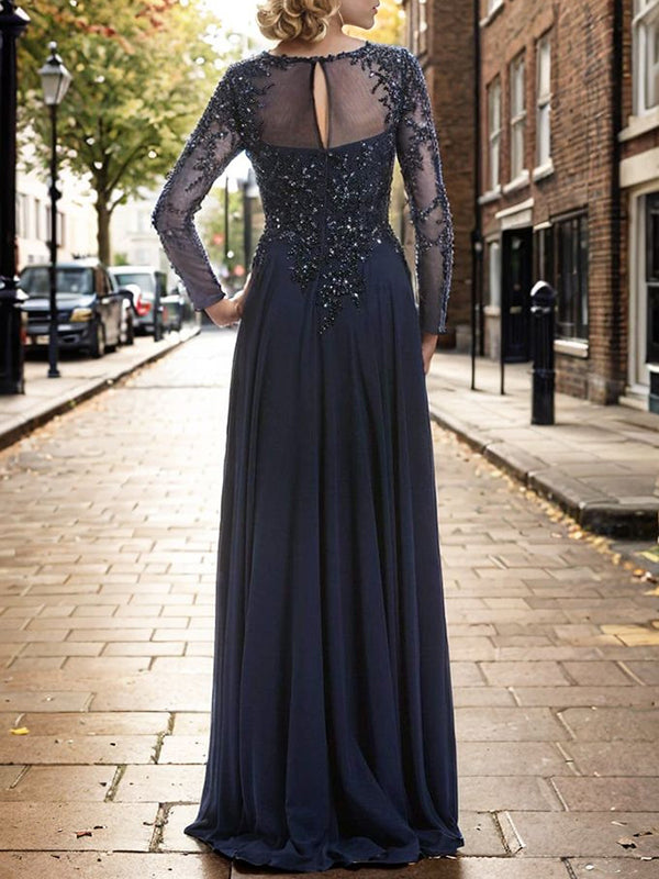 A-line Bateau Long Sleeves Appliques Lace Floor-Length Tulle Mother of the Bride Dress