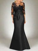 Sheath Scoop 3/4 Sleeves Appliques Lace Floor-Length Satin Mother of the Bride Dress